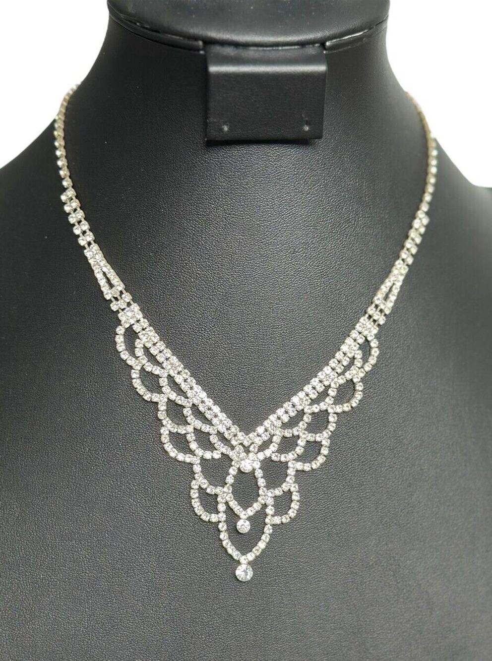 3PC Bridal Set Silver Tone Luxurious Rhinestone Statement Necklace Earrings